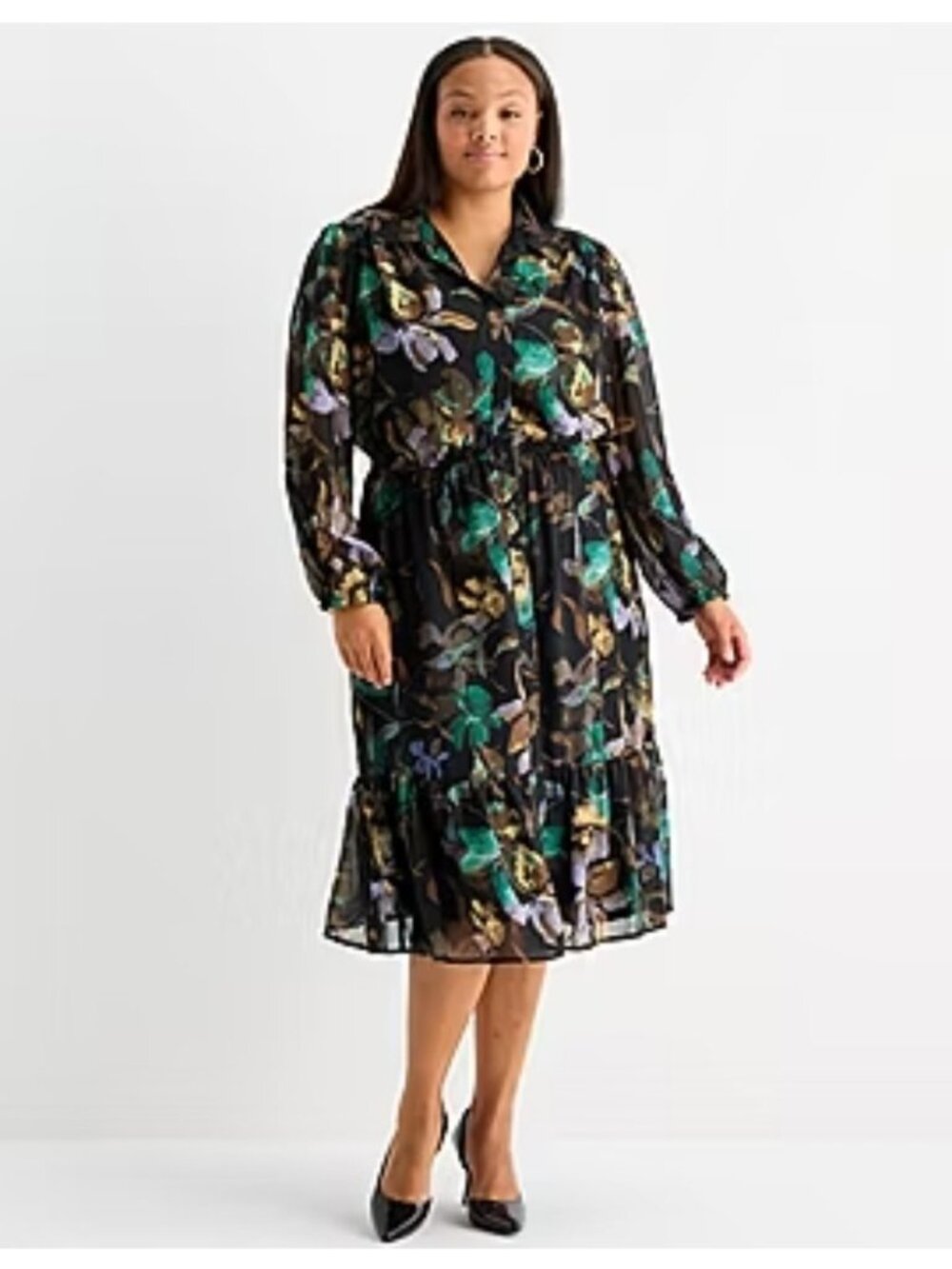 NEW 52seven Shirt Dress Plus 22W Sheer Sleeve Floral Button Up Long Midi Flowy - Picture 2 of 10